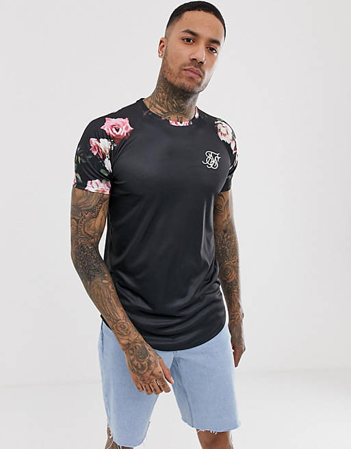 SikSilk t-shirt in black with floral sleeves | ASOS