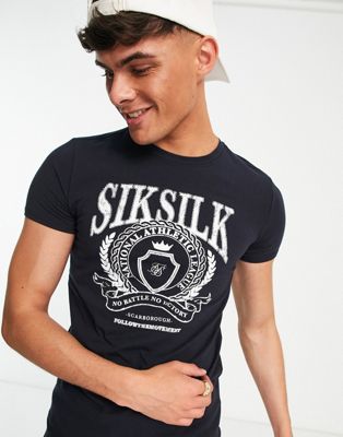 Siksilk t-shirt in navy with retro varsity print