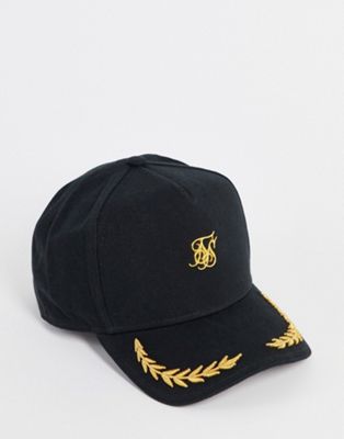 Siksilk washed cotton trucker cap in black with gold detailing