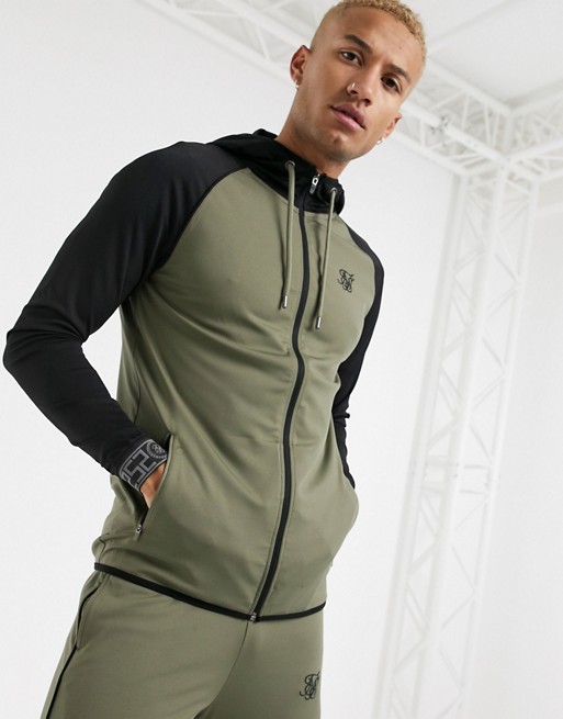 SikSilk zip through hoodie in khaki with contrast sleeves