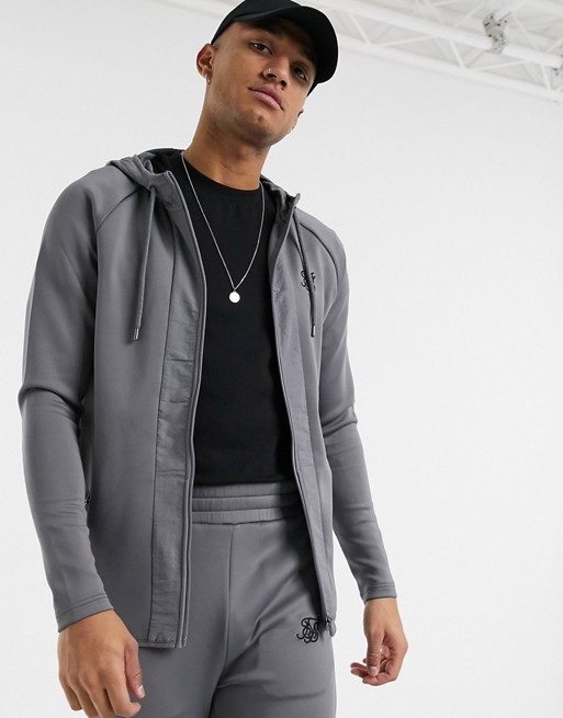 SikSilk zip through hoodie with nylon panel in grey