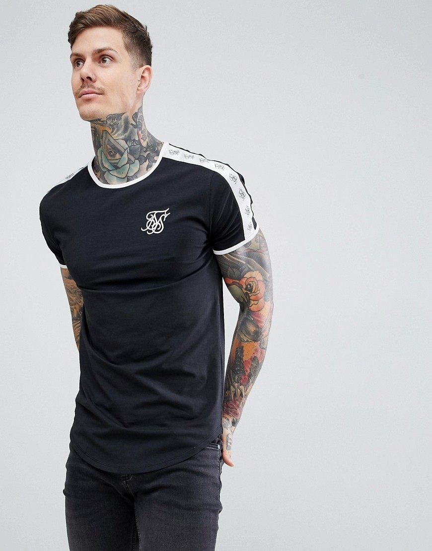 SikSilk - Zwart T-shirt met ronde zoom met streep aan de zijkant