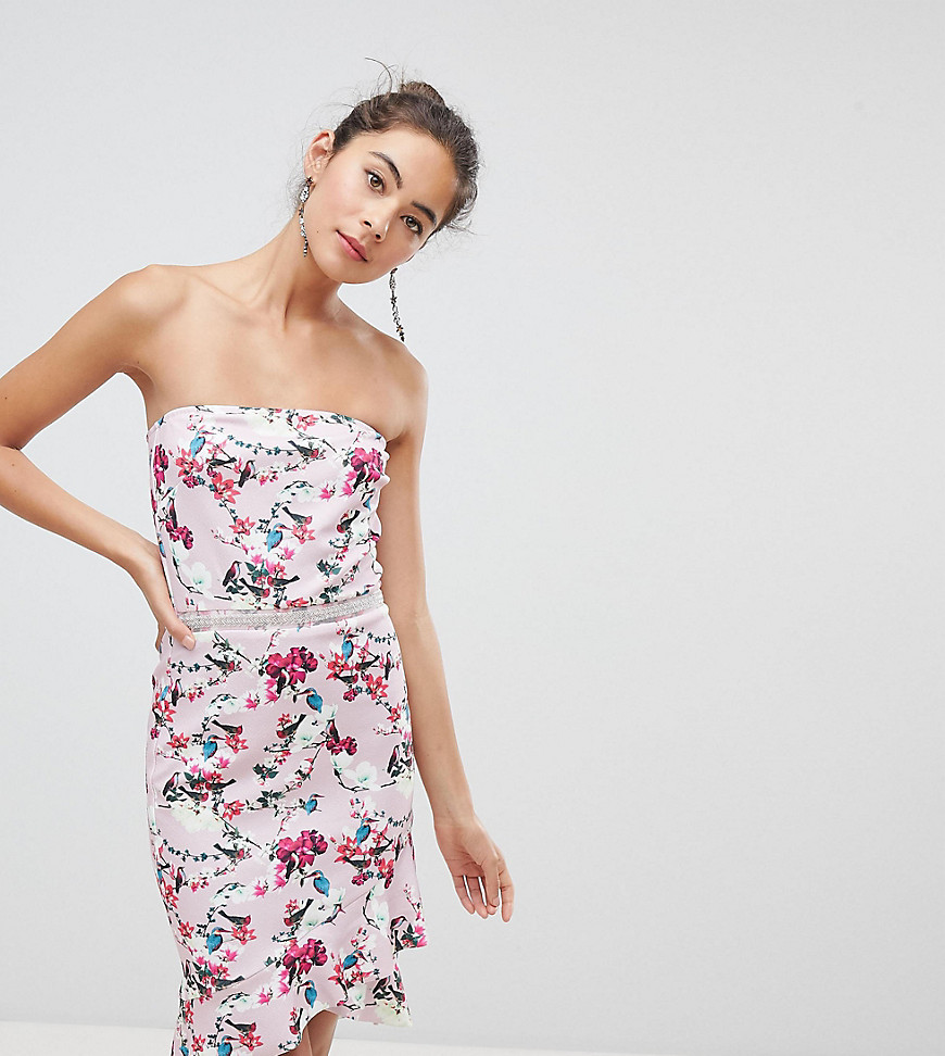 Silver Bloom Bandeau Dress With Frill Hem And Embellished Waist-Multi