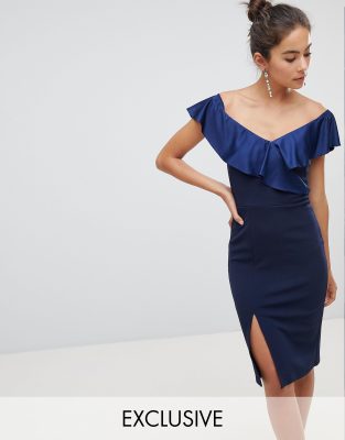 bardot off shoulder frill midi dress navy