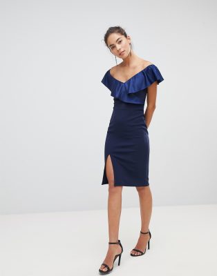 bardot off shoulder frill midi dress