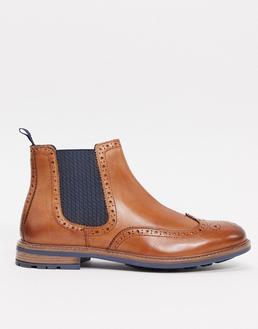 Silver Street brogue chelsea boots in tan leather with contrast gusset