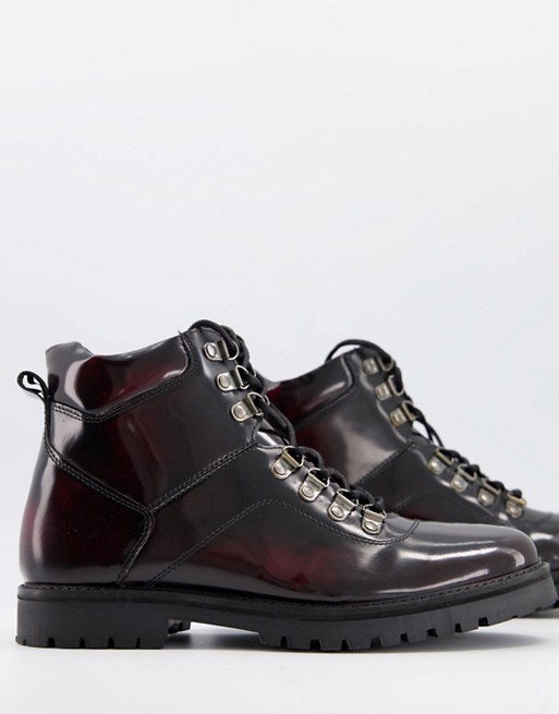 Silver Street chunky hiker lace up boots in burgundy leather