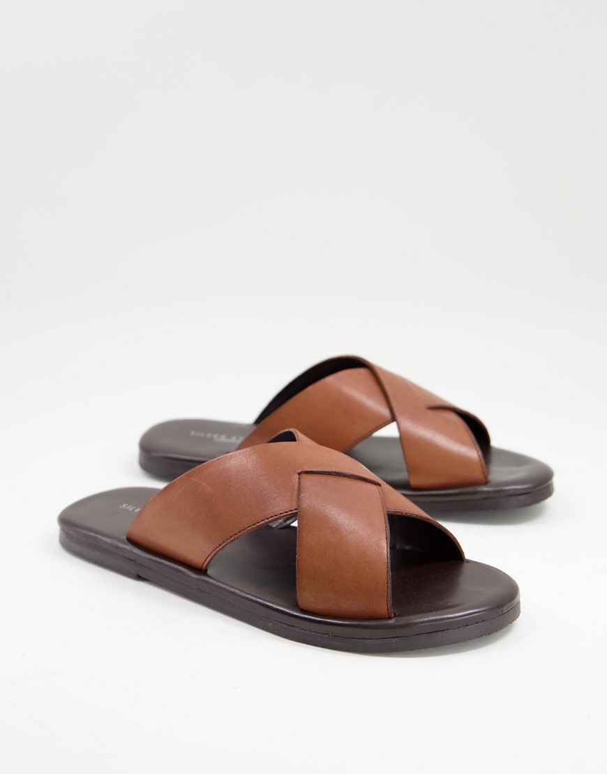 Silver Street cross strap slides in tan leather-Brown