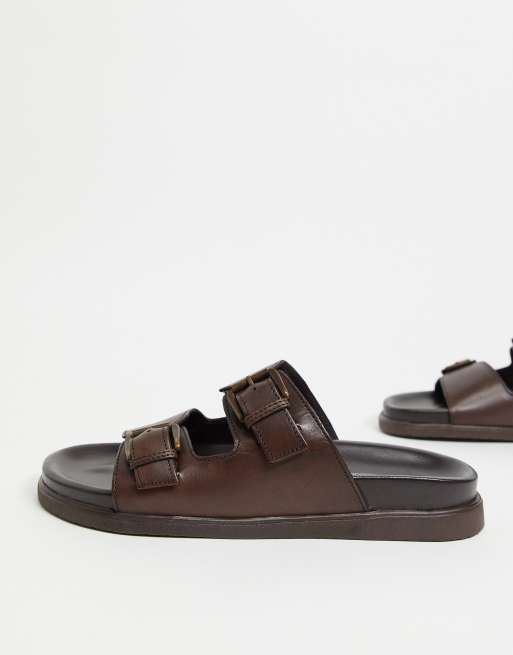 Leather Dual-Buckle Slide Sandals