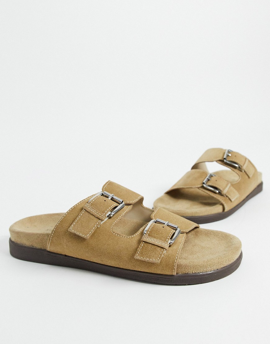 Silver Street double buckle slide sandals in sand suede-Neutral