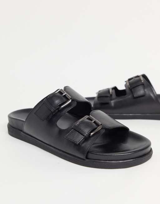 Silver Street double buckle slider sandals in black leather