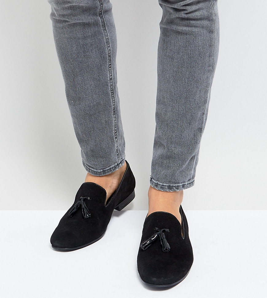 Silver Street – Loafers med tofs i svart mocka i bred passform-Blå