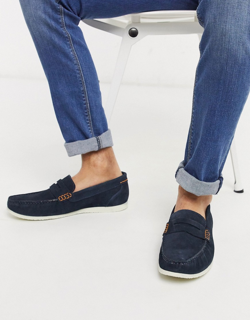 Silver Street suede penny contrast sole loafer in navy