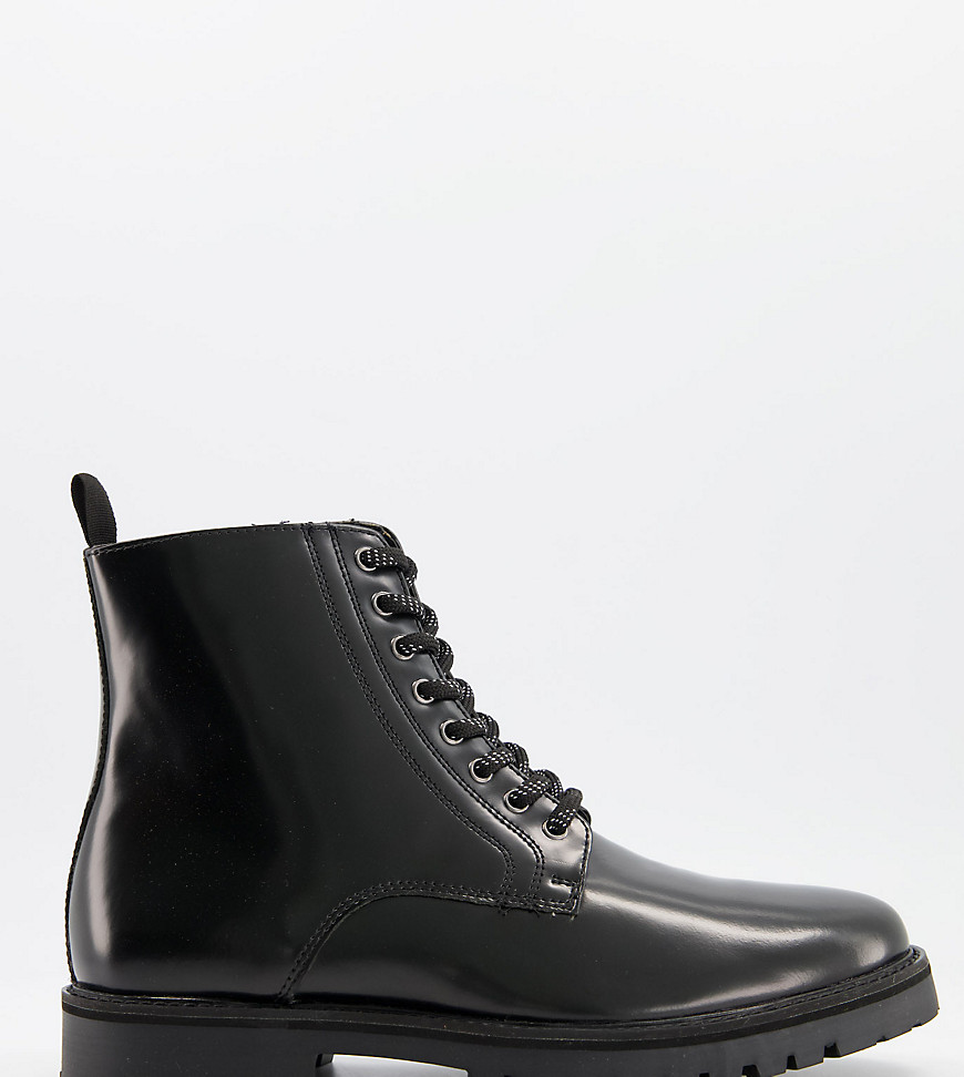 Silver Street Wide Fit chunky lace up boots in black leather