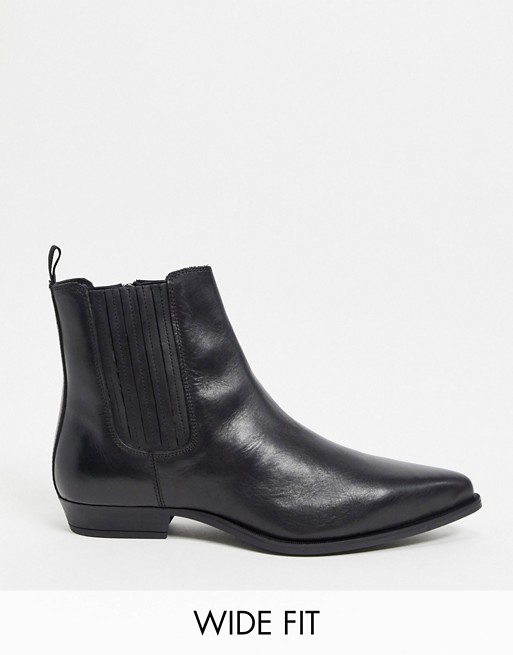 Silver Street wide fit cuban heel western boots in black leather