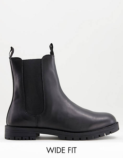 Silver Street wide fit high calf leather chunky chelsea boots in black 