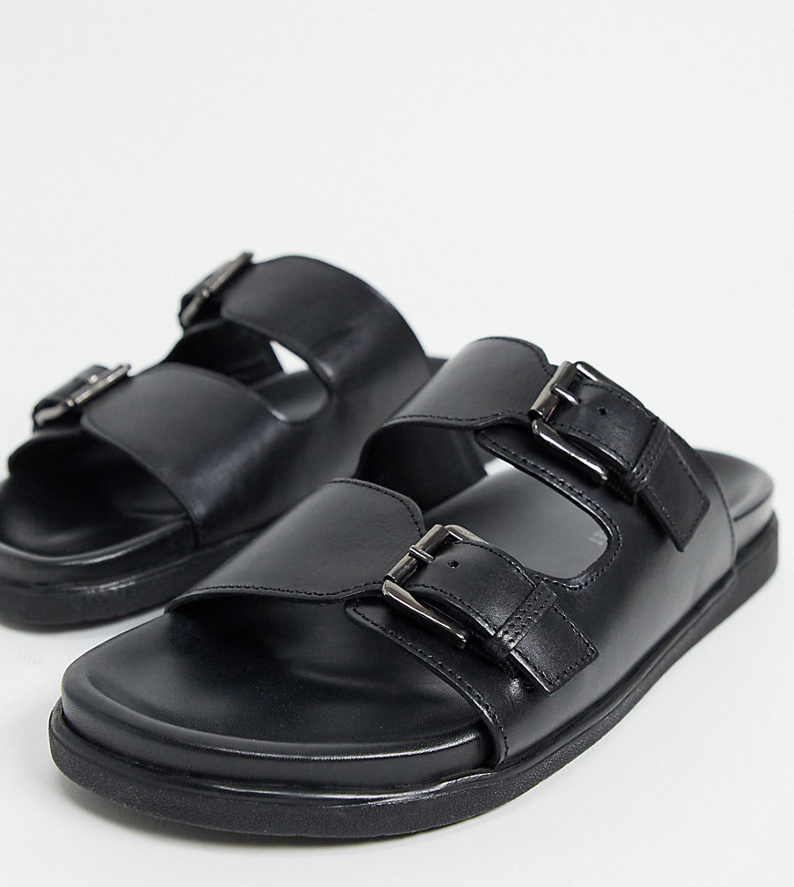 Silver Street Wide Fit leather double buckle footbed sandals in black