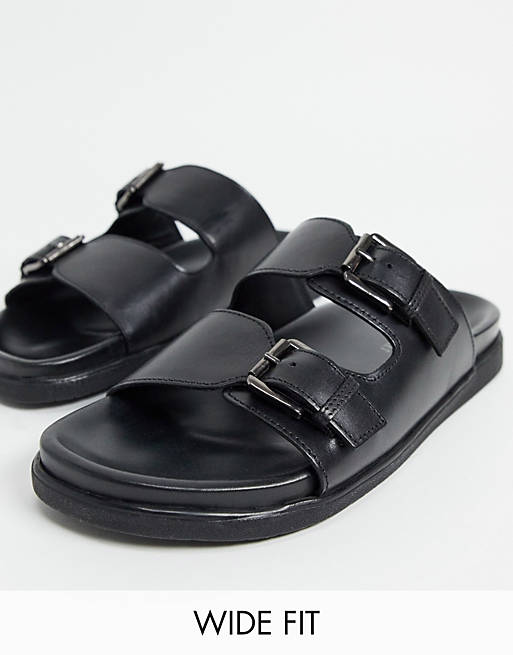 Silver Street wide fit leather double buckle footbed sandals in black