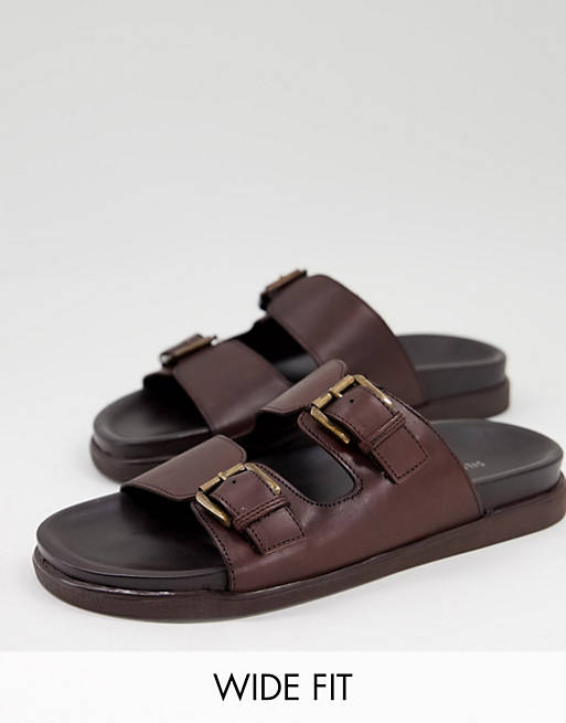 Silver Street wide fit leather double buckle footbed sandals in brown