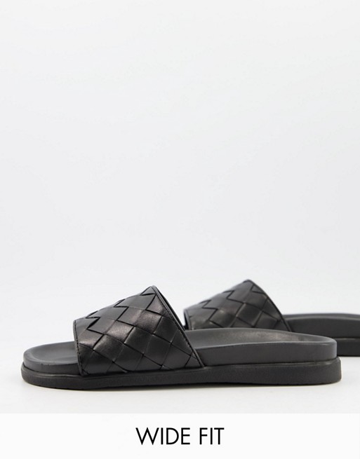 Silver Street wide fit leather woven footbed sliders in black