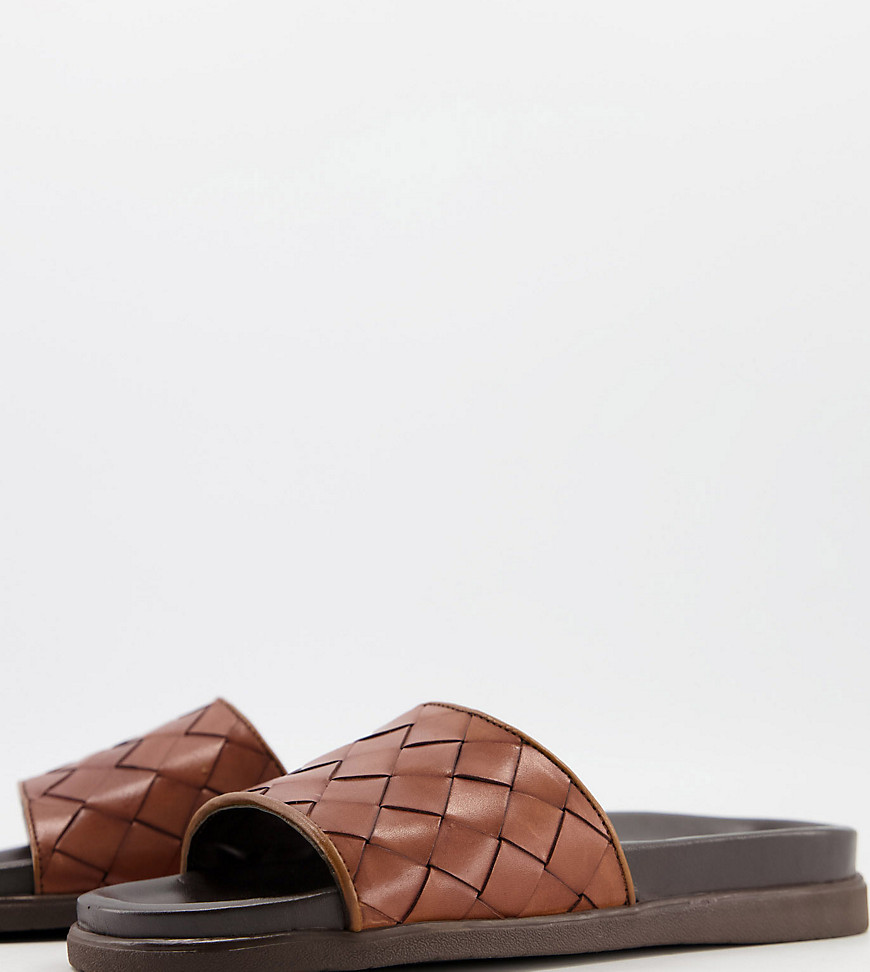 Silver Street – Wide Fit – Schwarze Leder-Slider mit Fußbett und gewobenem Design-Braun