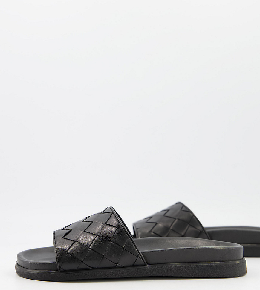 Silver Street – Wide Fit – Schwarze Leder-Slider mit Fußbett und gewobenem Design