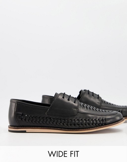 Silver Street wide fit woven leather lace up shoes in black leather