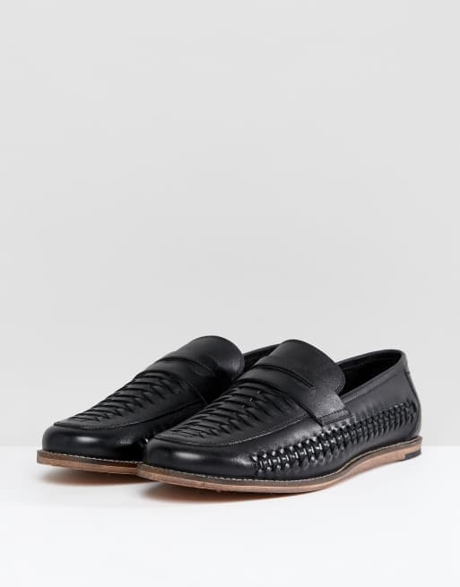 Silver Street Wide Fit Woven Loafers In Black Leather