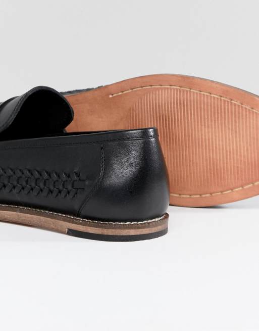 Silver Street Wide Fit Woven Loafers In Black Leather