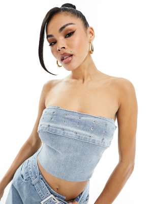 Simmi Clothing Simmi Bandeau Buckle Detail Denim Top In Blue - Part Of A Set