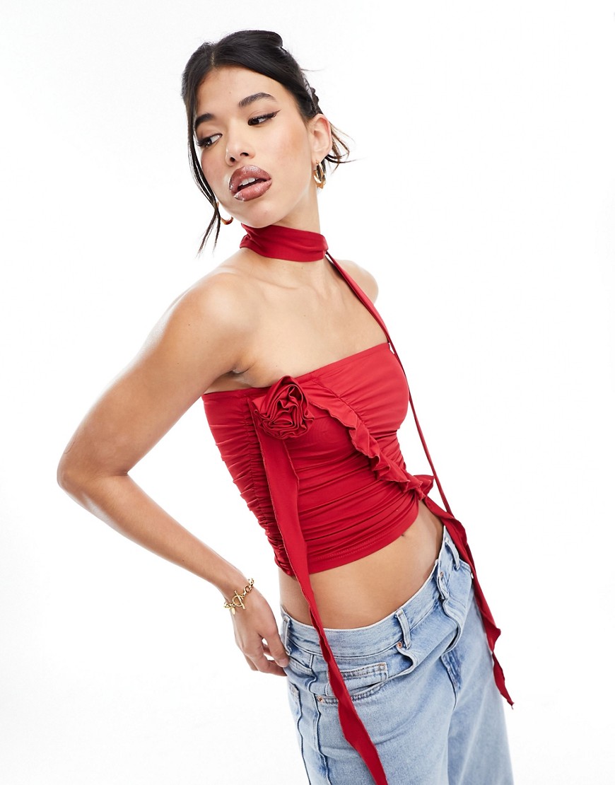 Simmi bandeau corsage top with choker in red