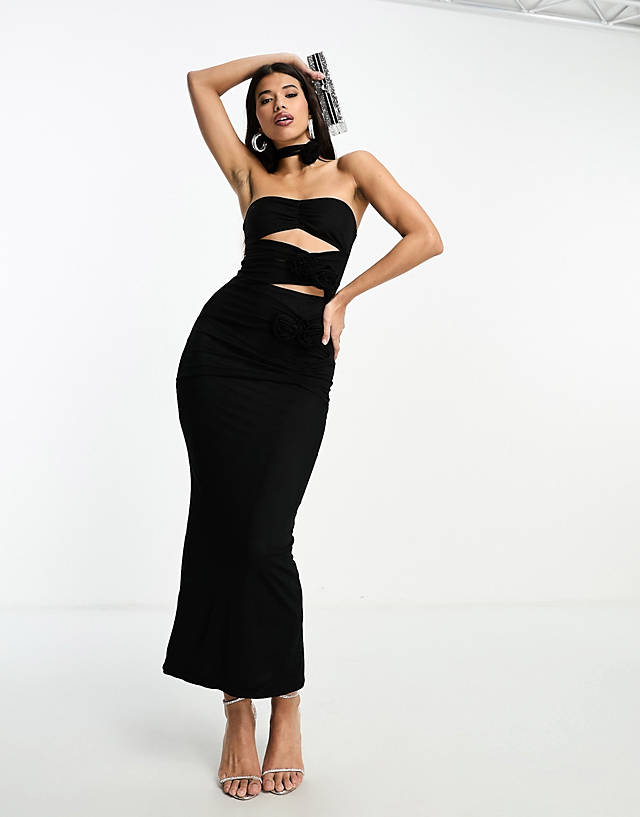Simmi Clothing - Simmi bandeau cut out maxi dress with corsage flower detail in black