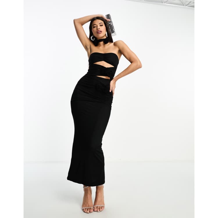 black flower cut out dress Black Flower Cut Out One Sleeve Mini Dress | Mini Dresses