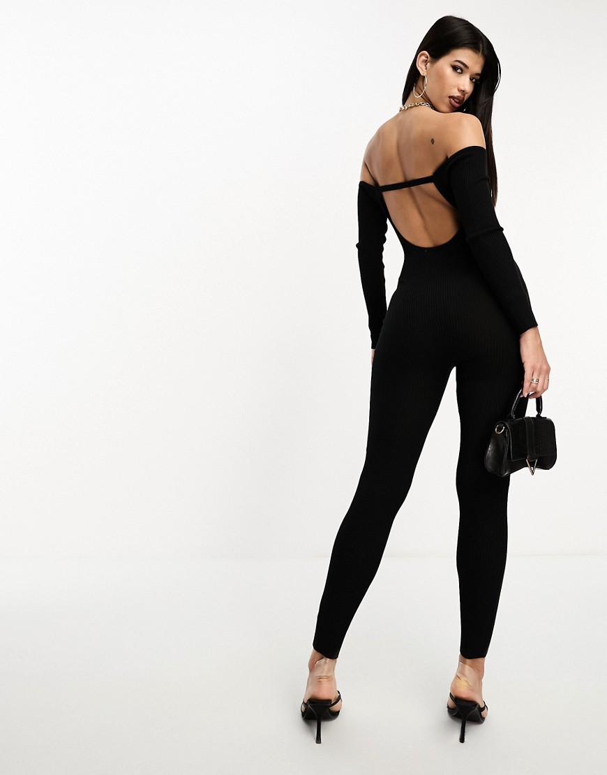 Simmi bardot open back knitted jumpsuit in black