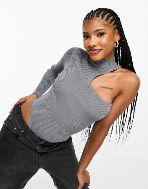 SIMMI - Body monospalla in maglia antracite con cut-out