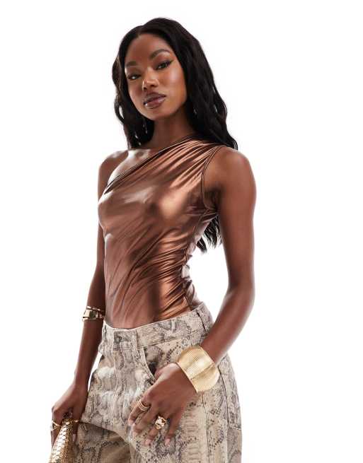 SIMMI - Bodystocking med oneshoulder-snit i metallisk bronzefarve