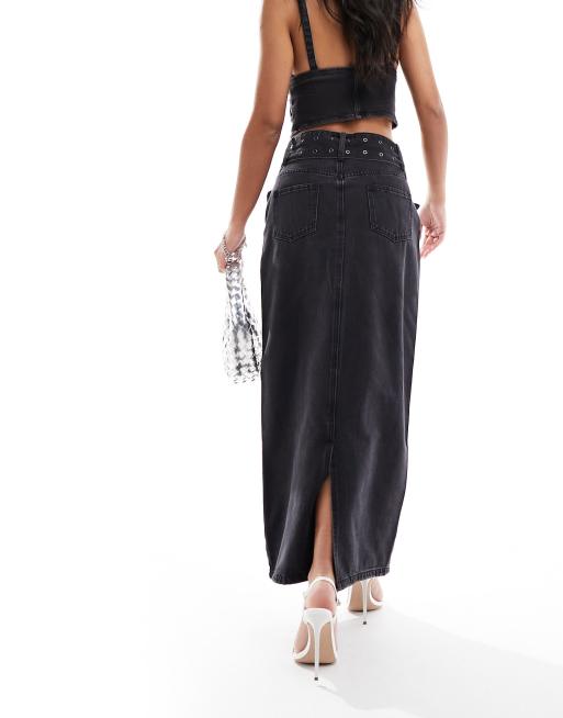 Plus Washed Black Buckle Seam Denim Maxi Skirt