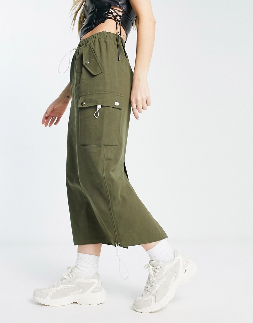 Simmi cargo drawstring maxi skirt in khaki-Green