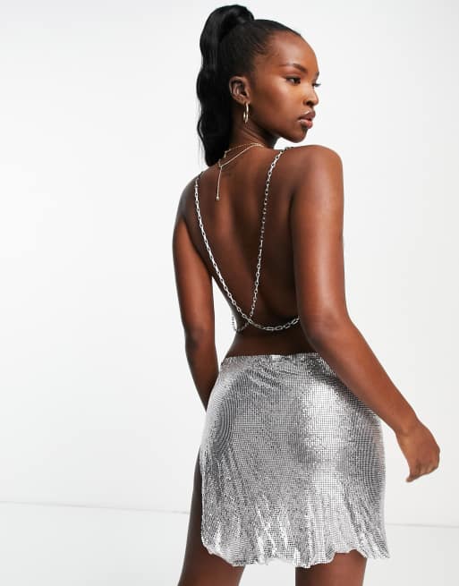 Silver Metallic Chainmail Halter V Hem Crop Top - Hot Miami Styles