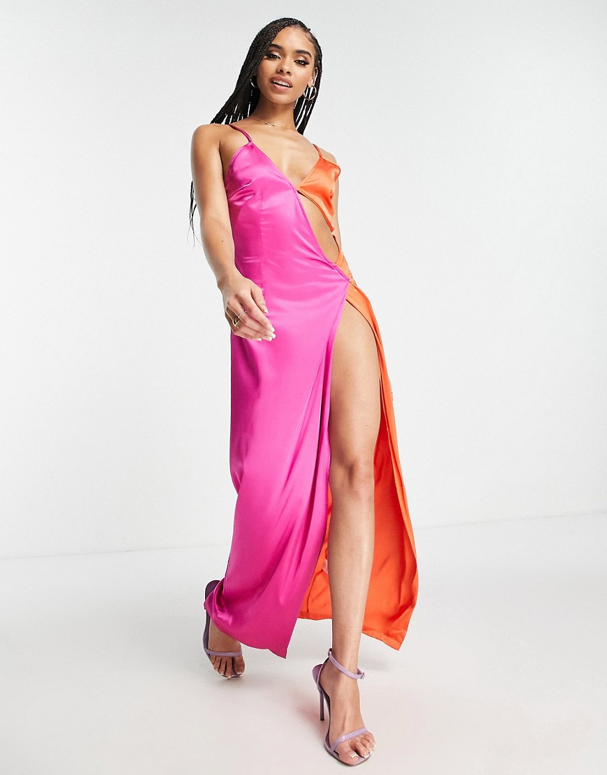 Simmi contrast color block maxi dress with thigh slit in multi