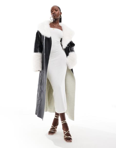 Simmi contrast faux fur trim faux shearling maxi coat in black and white - view 1