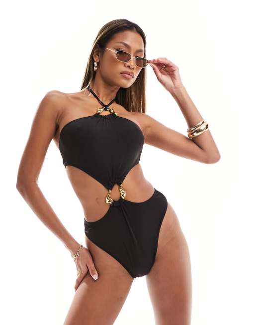 SIMMI - Costume da bagno allacciato al collo con spalline sottili nero con cut-out e dettagli dorati in metallo