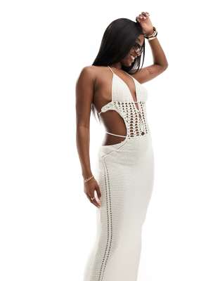 Simmi Clothing Simmi crochet cut out detail backless maxi beach dress in cream-White
