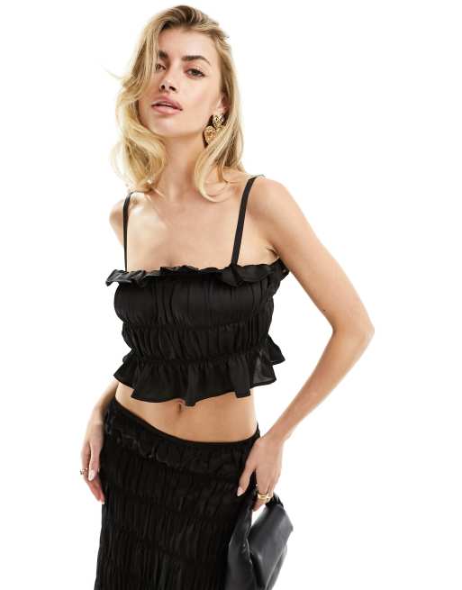 Simmi - Crop top in raso nero con arricciatura e spalline sottili in coordinato 