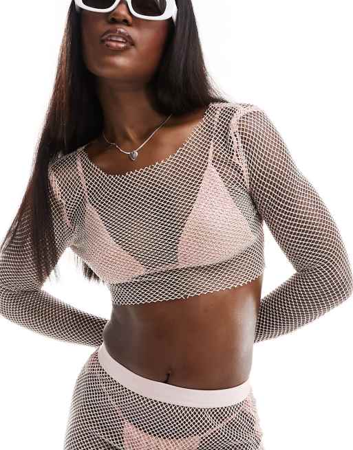 Simmi - Crop top in rete rosa chiaro con strass a maniche lunghe in coordinato