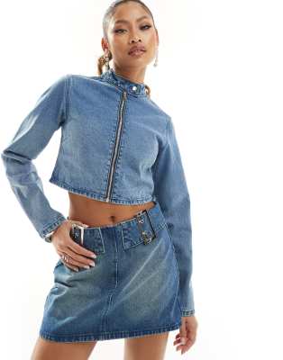 Simmi Clothing Simmi cropped denim moto jacket co-ord in blue mid wash