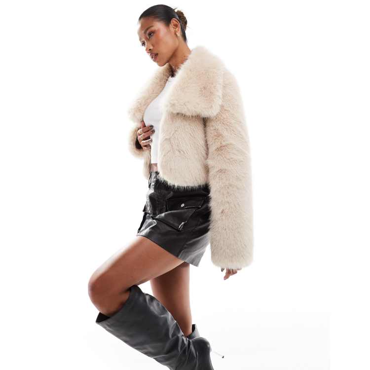 Simmi cropped faux fur oversized collar jacket in beige ASOS