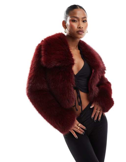 Simmi cropped faux fur oversized collar jacket in burgundy ASOS