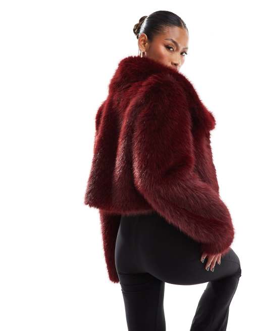 Simmi cropped faux fur oversized collar jacket in burgundy ASOS