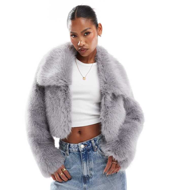 Simmi cropped faux fur oversized collar jacket in gray | ASOS